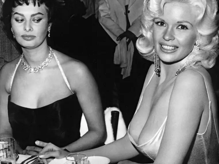 Jane Mansfield with Sophia Loren at Romanoff's in Beverly Hills, 1957
