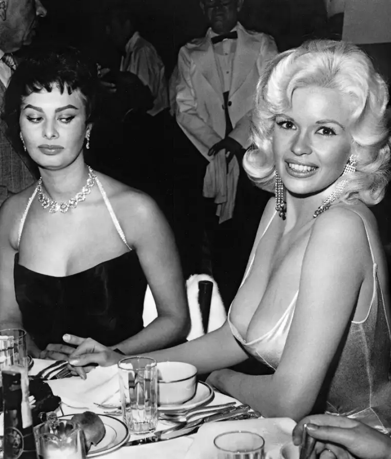 Jane Mansfield with Sophia Loren at Romanoff's in Beverly Hills, 1957